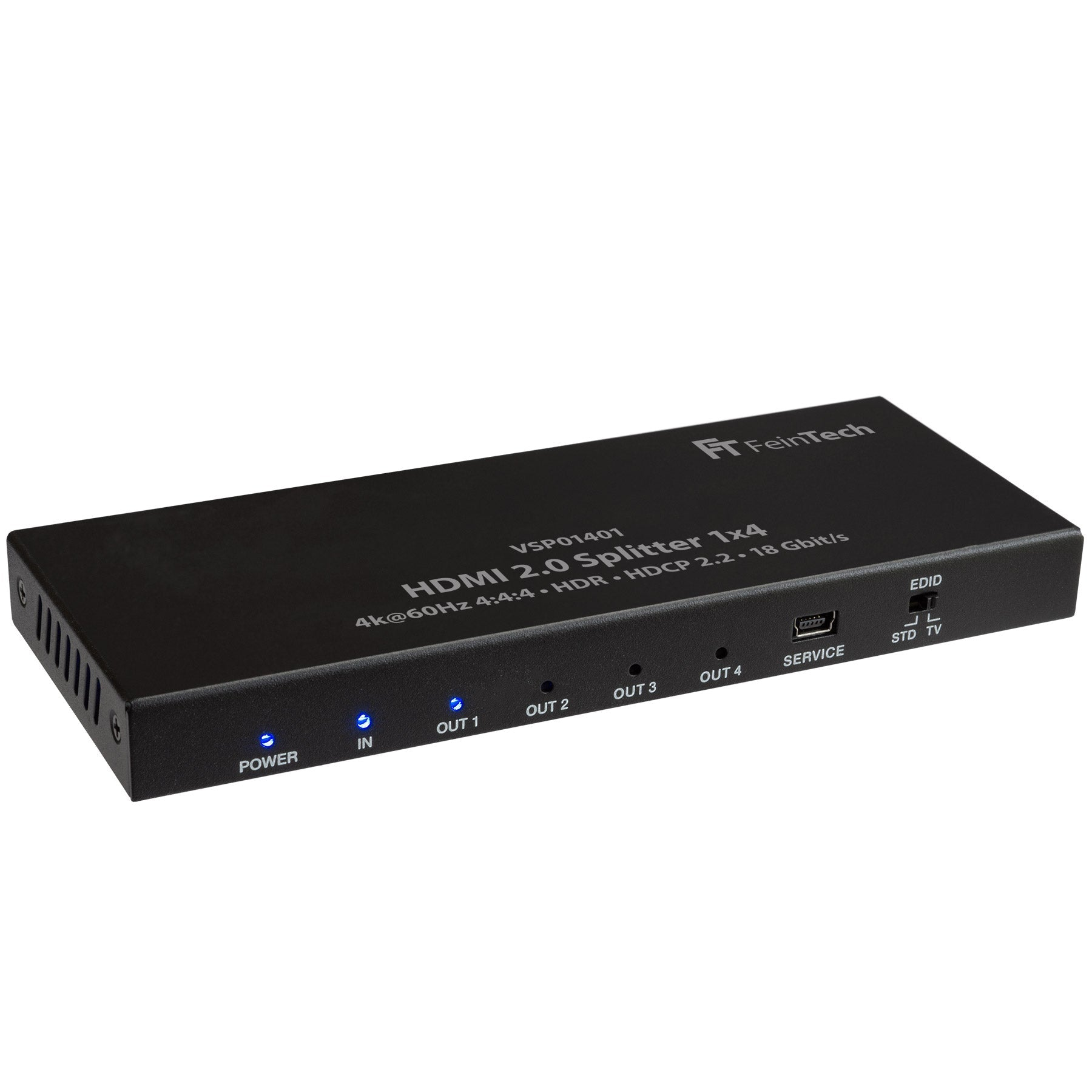 Schwarzer HDMI-Splitter mit mehreren Anschlüssen und Beschriftungen, einschließlich Stromversorgung, Eingang, Ausgang und Service.