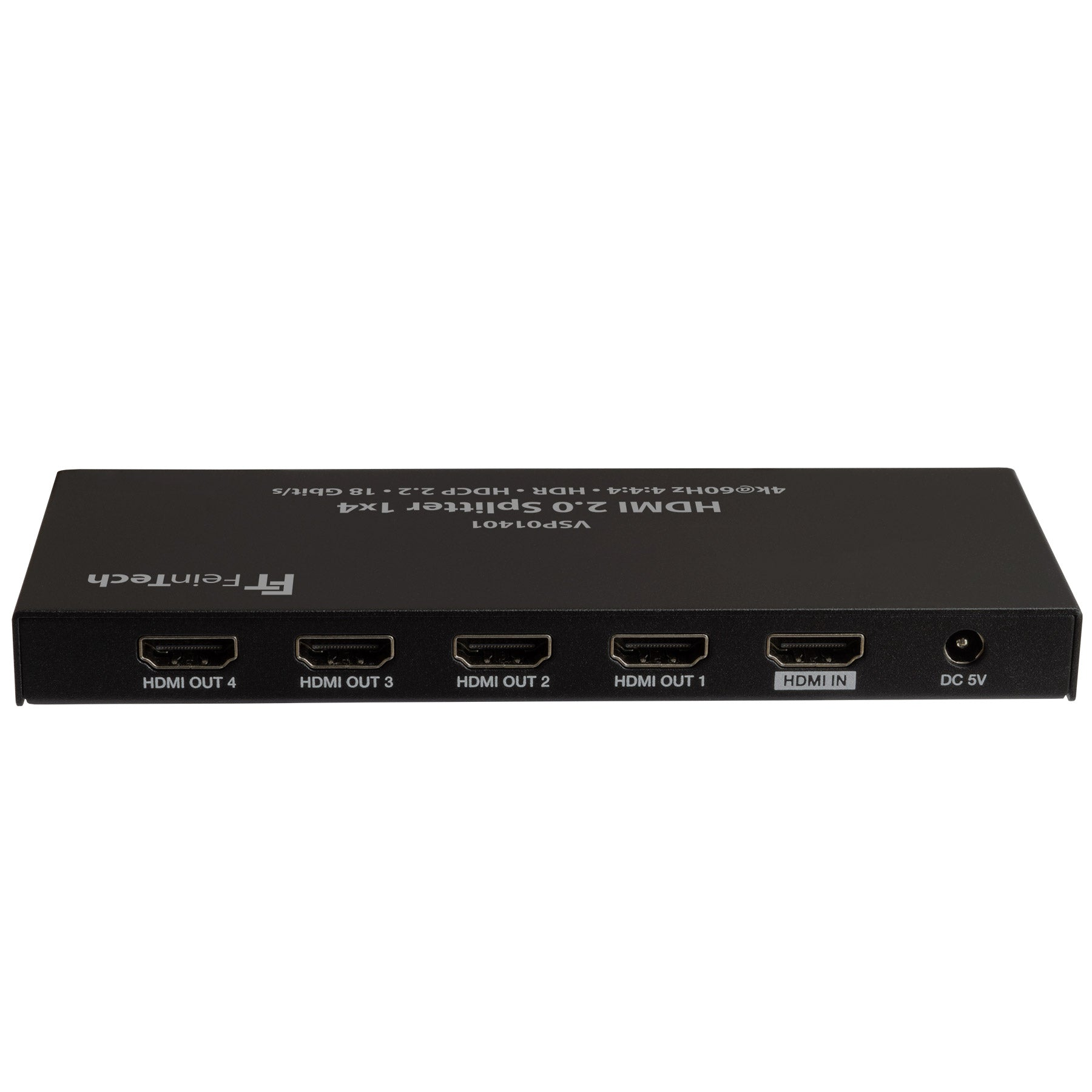 Ein schwarzer HDMI 2.0-Splitter mit mehreren HDMI-Anschlüssen, beschriftet, mit der Marke Feintech.