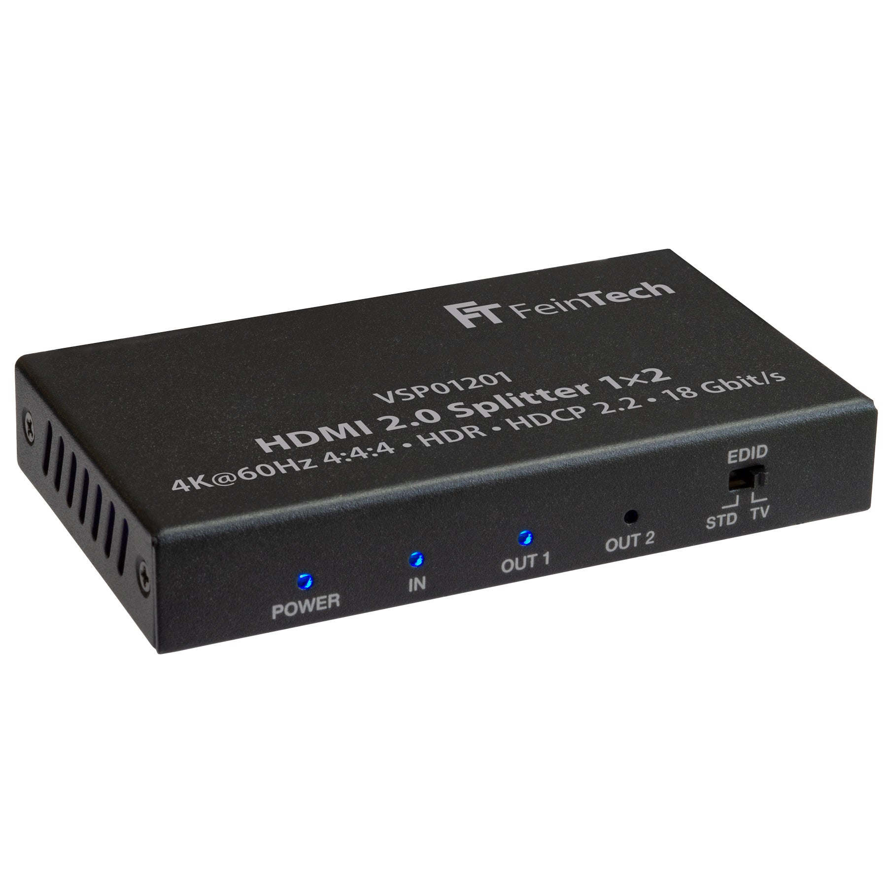 Splitter HDMI 2.0 nero con porte etichettate, indicatori LED. Feintech e informazioni sul modello stampate.