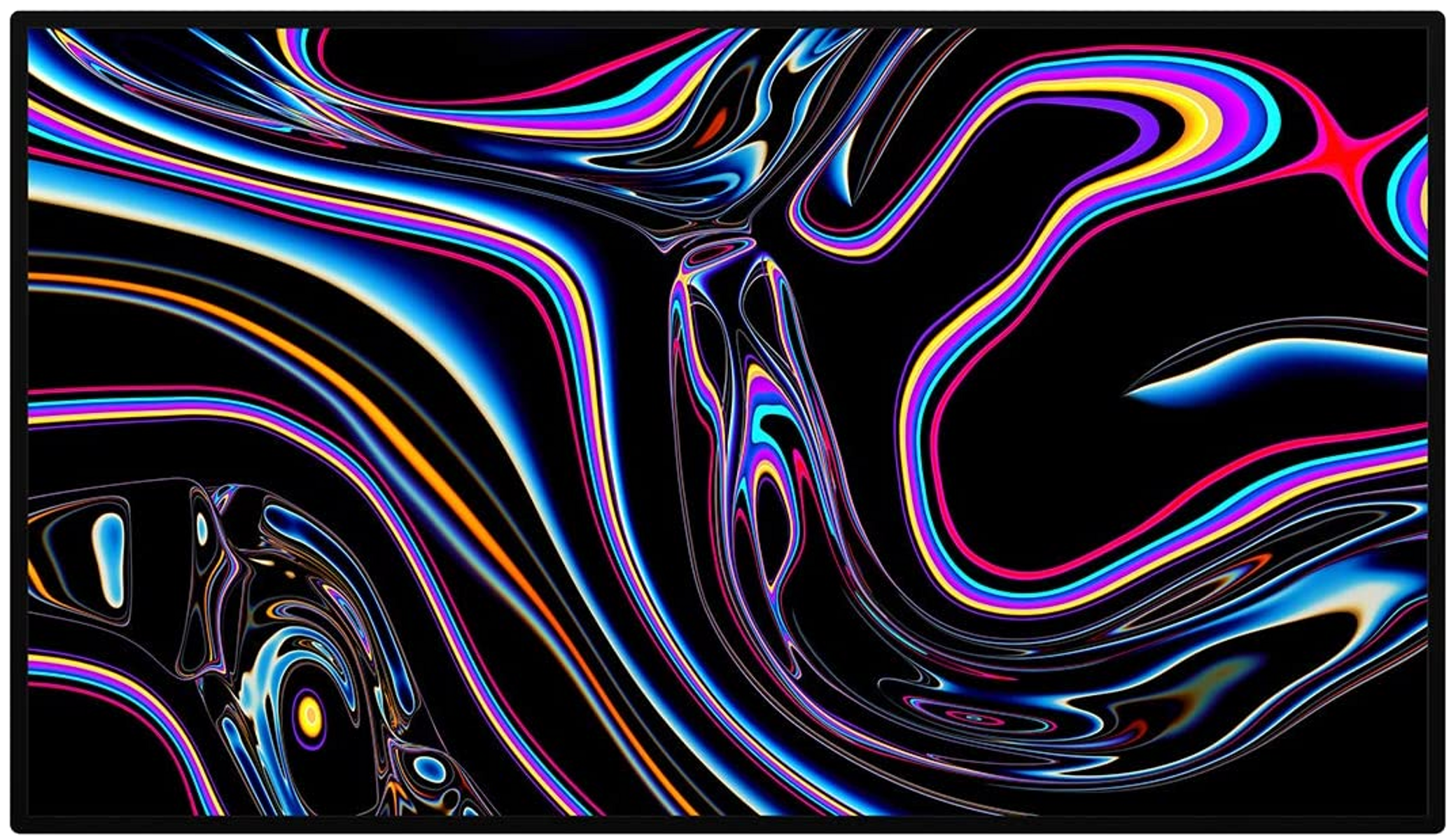 Abstrakter Hintergrund mit fließenden, irisierenden Linien in einem dunklen Raum. Verschiedene Farben sichtbar.