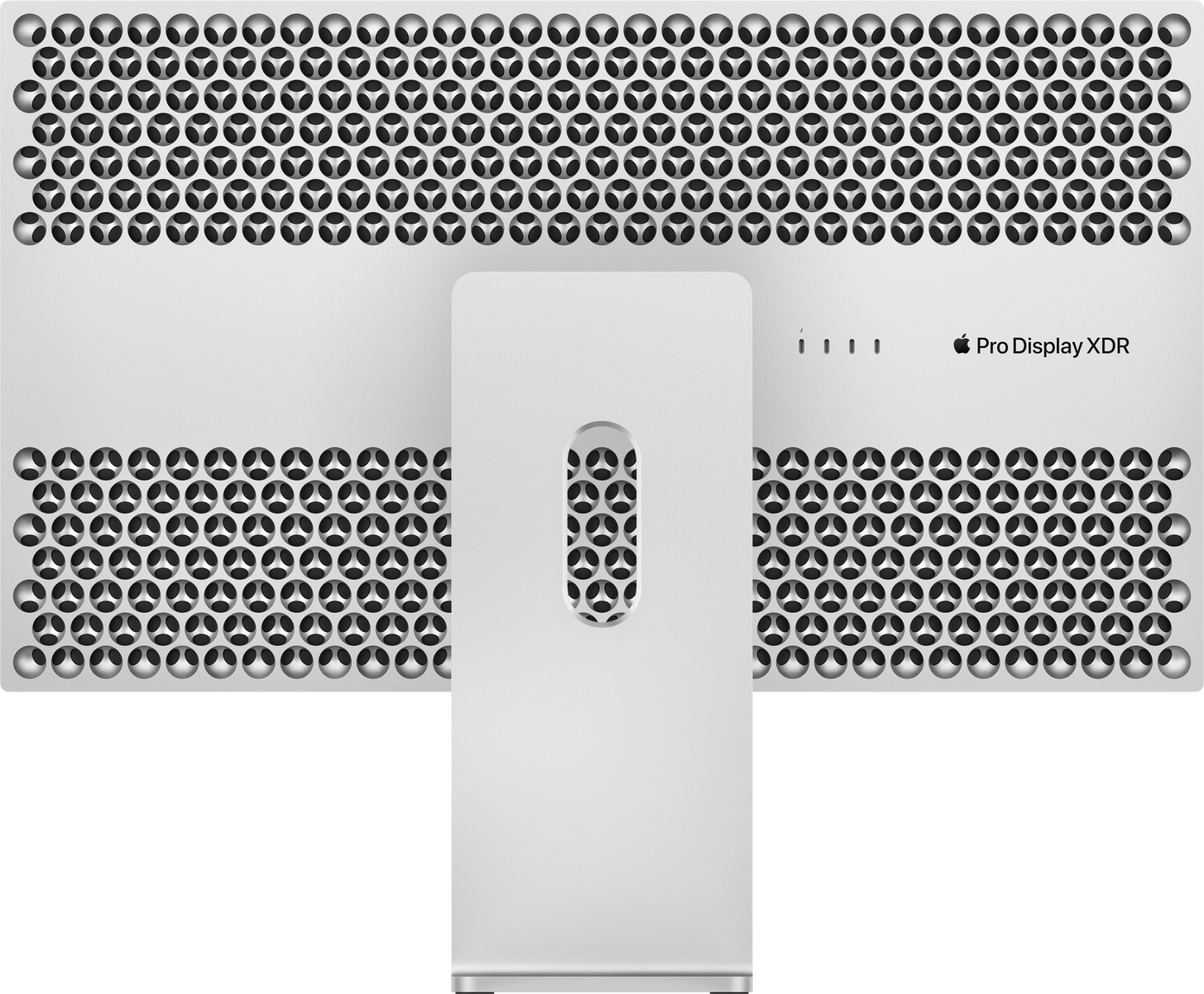 Rückseite eines silbernen Computermonitors mit Ständer, perforiertes Design und Logo.
