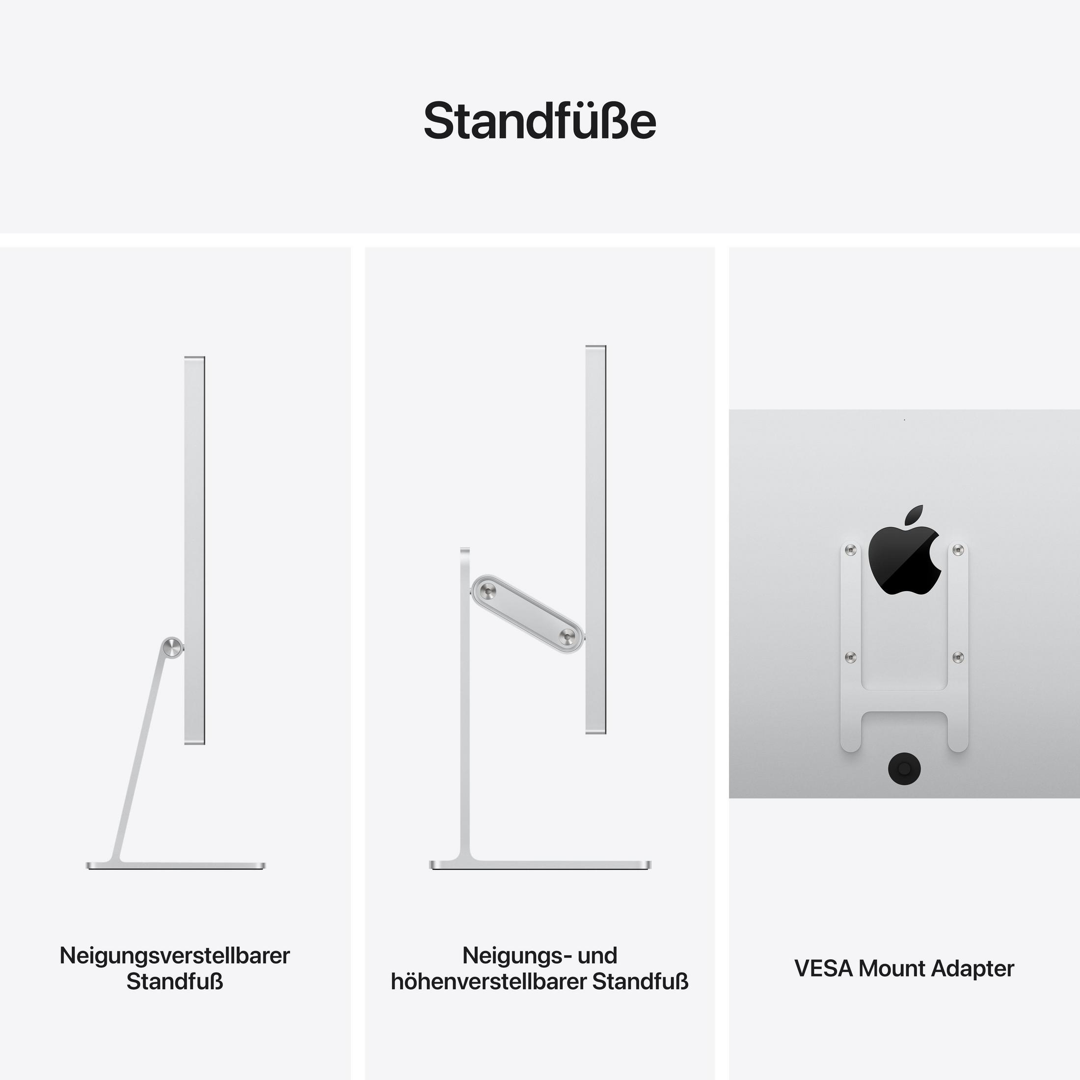 Drei Ansichten eines Computermonitorständers, die verstellbare und VESA-Montageoptionen zeigen.