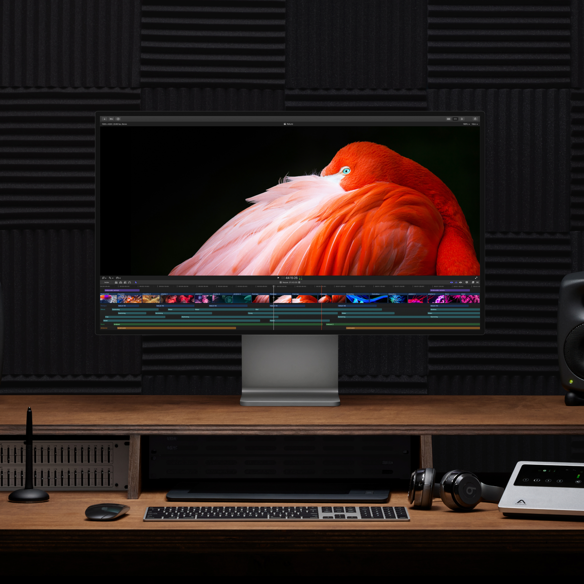 Ein Computermonitor zeigt ein Flamingobild. Der Monitor steht auf einem Holzschreibtisch im Studio.