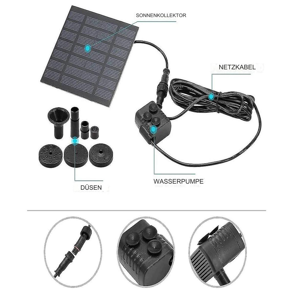 Solar-Brunnenpumpe mit allen Teilen: Düsen, Wasserpumpe und Netzkabel.