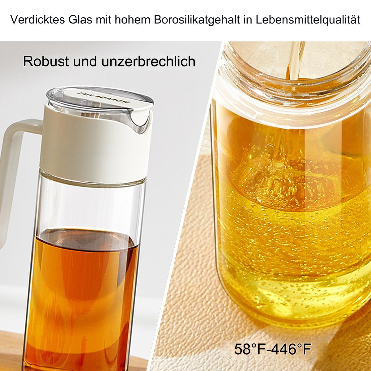 Glas-Ölspender mit weißem Deckel. Öl befindet sich im Spender.