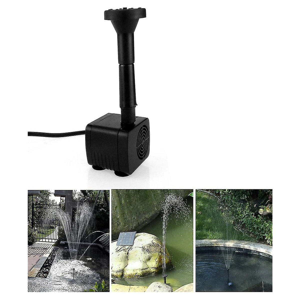 Schwarzer solarbetriebener Brunnen mit kleiner Pumpe. Drei Bilder zeigen den Brunnen in verschiedenen Gartenumgebungen.