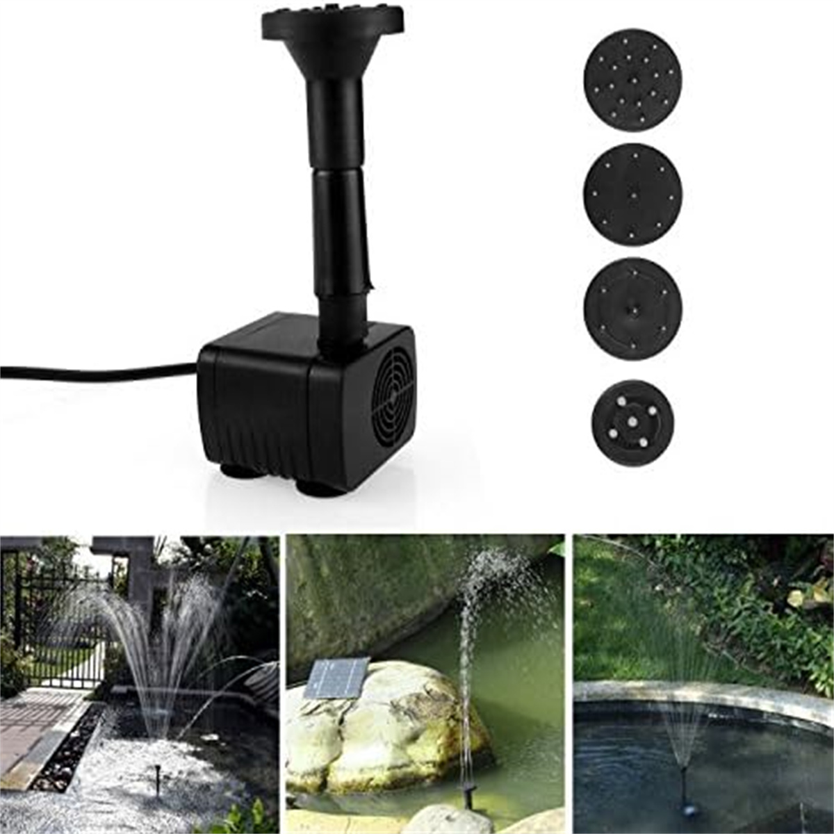 Solar-Wasserfontänen-Set mit verschiedenen Sprühmustern und einer Pumpe.