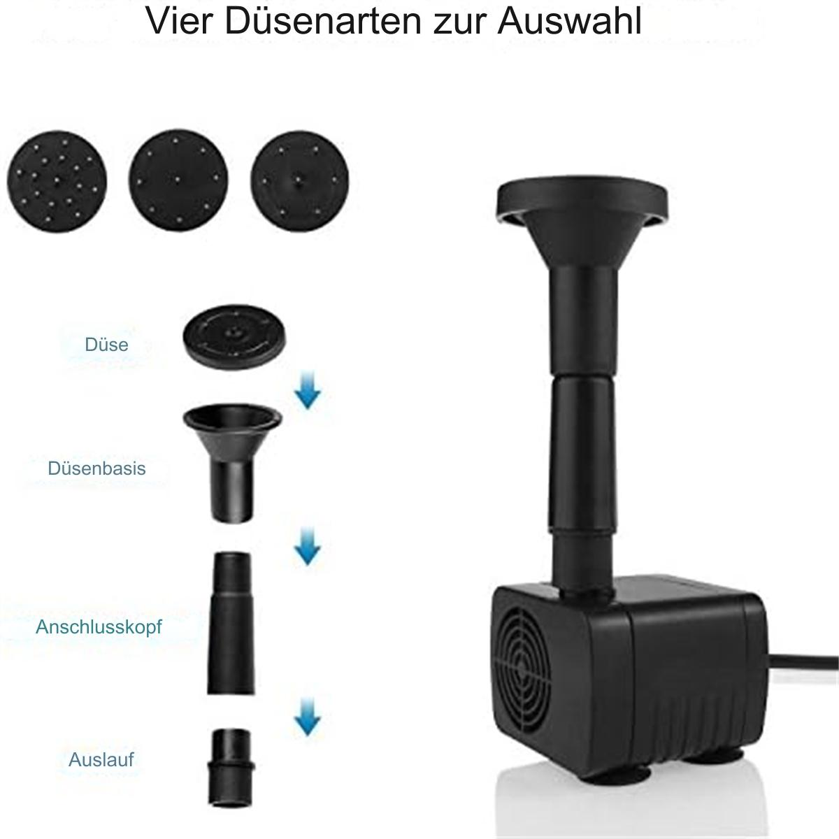 Eine schwarze Wasserpumpe mit verschiedenen Düsenaufsätzen, die die Komponenten zeigt.