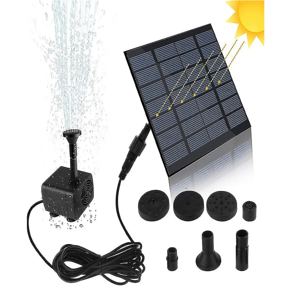 Solarbetriebener Springbrunnen. Pumpe und Solarpanel mit verschiedenen Düsenaufsätzen.