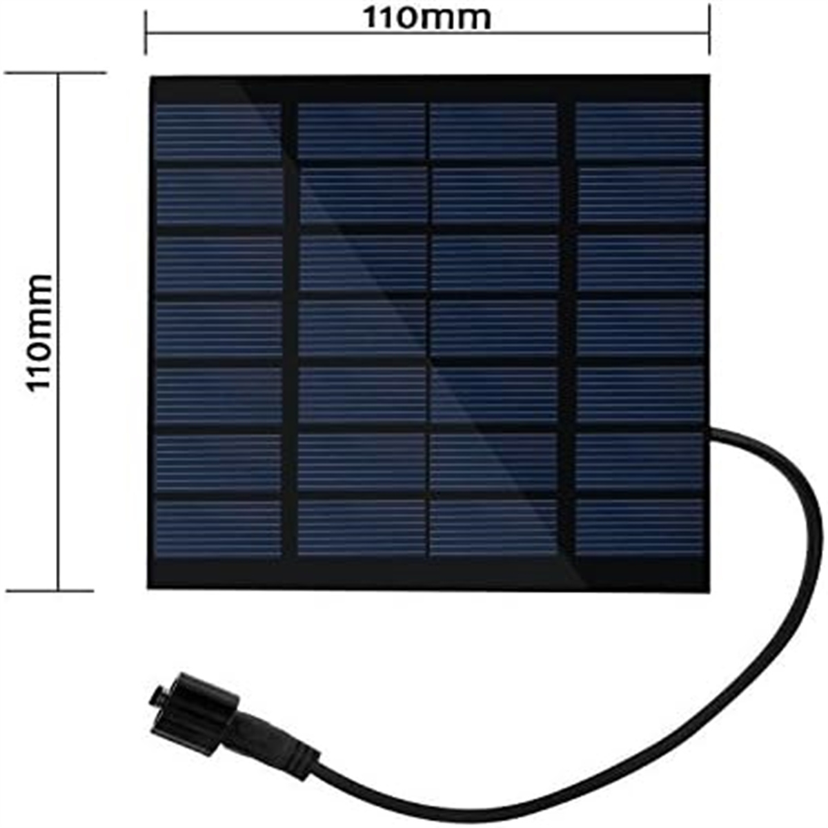 Kleines Solarpanel, schwarz mit blauen Quadraten, mit Abmessungen und Kabel.