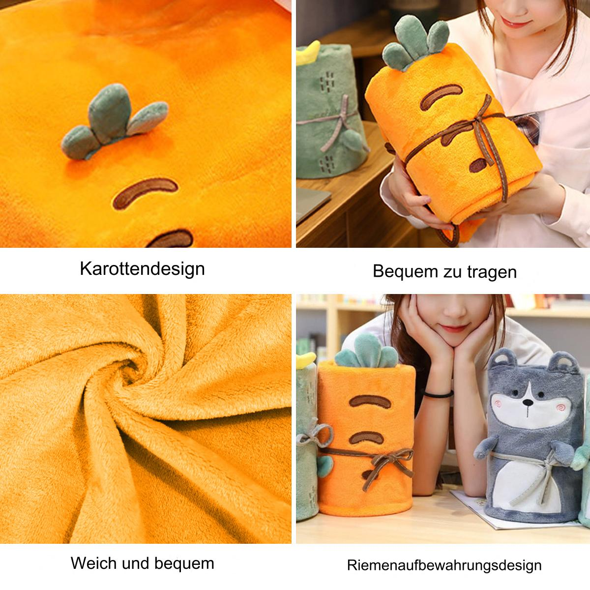 Collage von karottenförmigen Decken, gefaltet und gerollt, mit grünen Blättern.