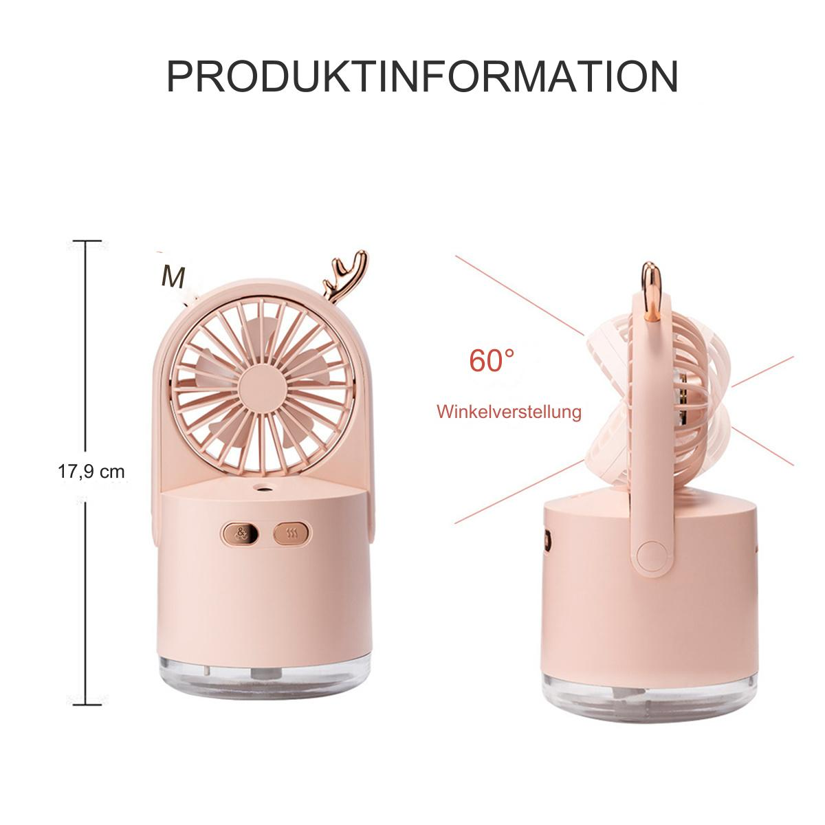 Rosa tragbarer Ventilator mit Geweihdesign, zwei Ansichten. Text: PRODUKTINFORMATION. Maße und Winkelangabe.