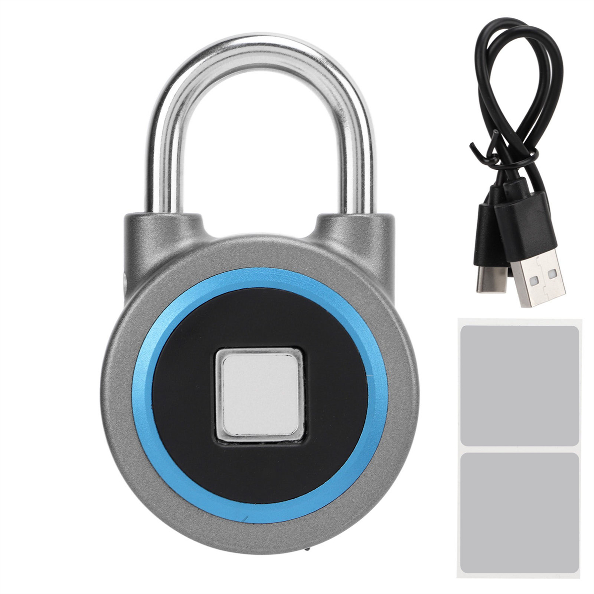 Ein graues Vorhängeschloss mit blauem Ring. Ein Fingerabdrucksensor befindet sich in der Mitte.