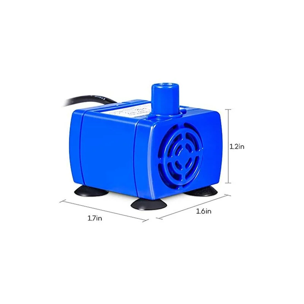 Eine blaue Wasserpumpe mit Abmessungen, mit schwarzen Saugnäpfen und einem schwarzen Kabel.