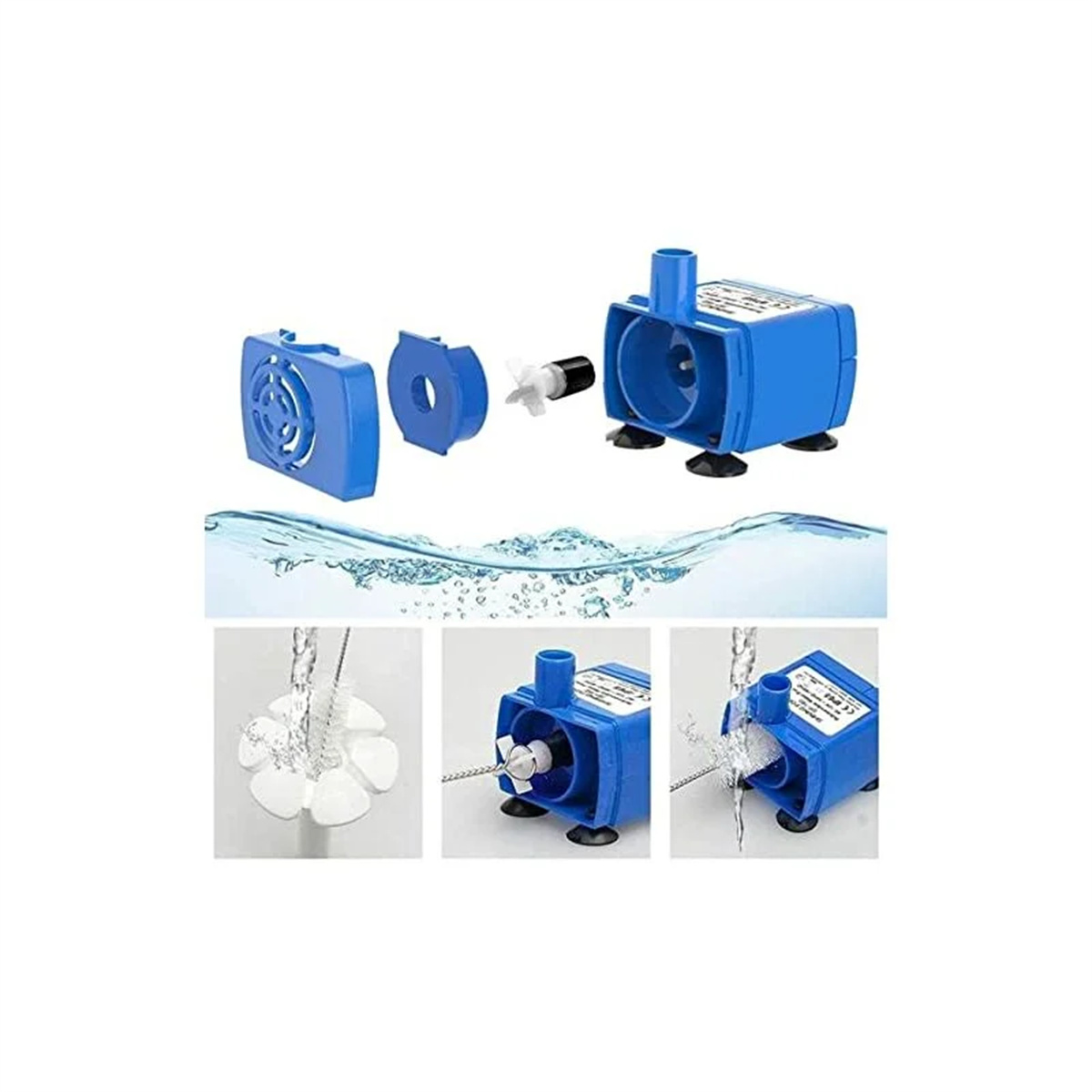 Eine blaue Wasserpumpe mit ihren Komponenten und einem Wassereffekt-Hintergrund.