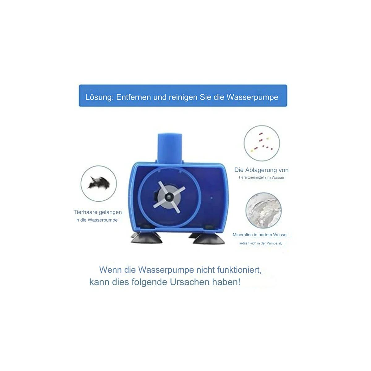 Blaue Wasserpumpe mit Diagrammen, die Reinigungsanweisungen und mögliche Probleme zeigen.