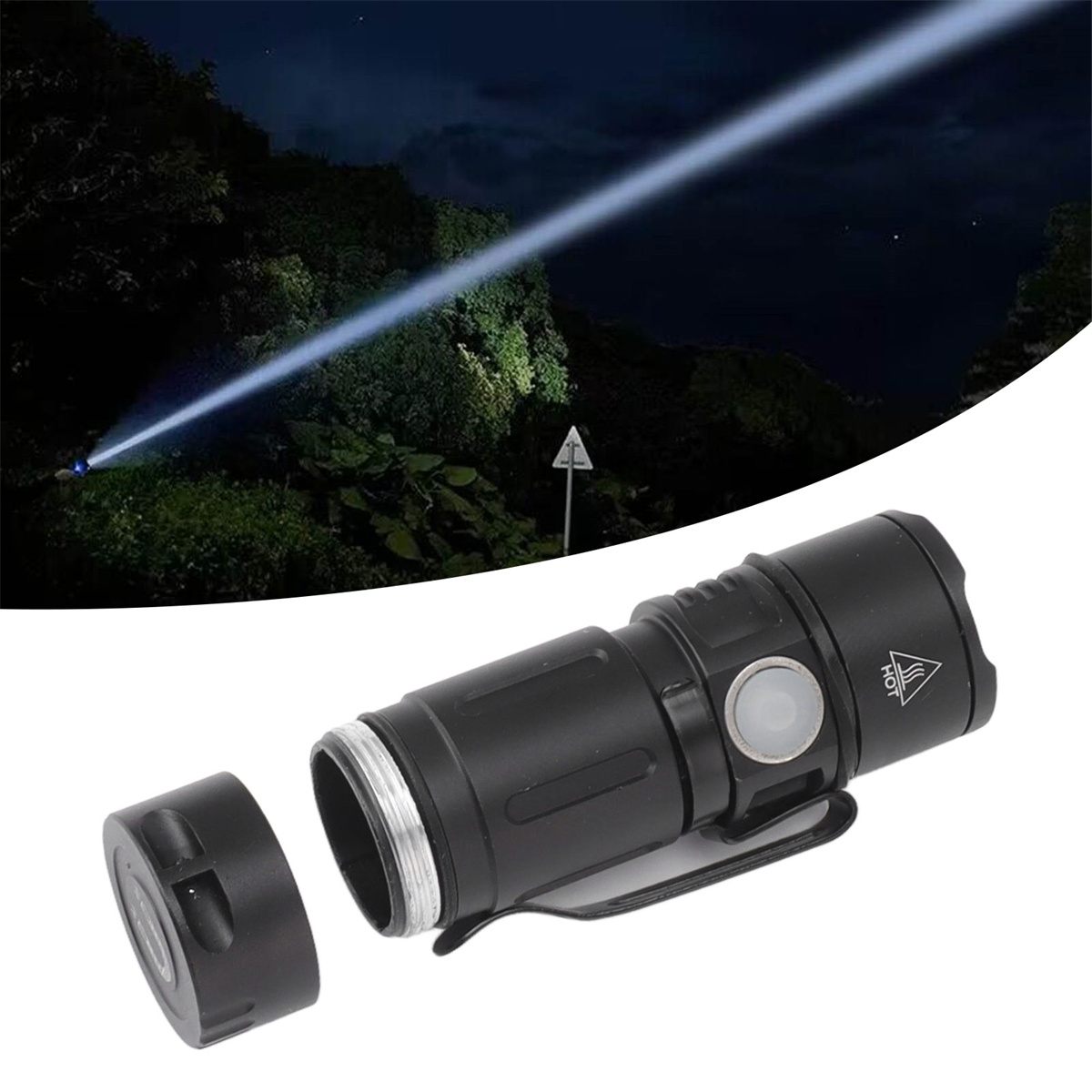 Schwarze Taschenlampe mit hellem Strahl, zeigt auf eine dunkle Nachtszene.