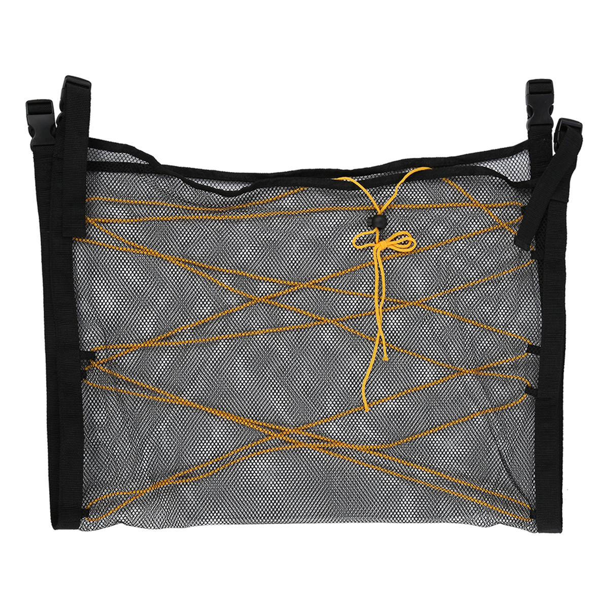 Eine schwarze Netztasche mit gelben Seildetails und schwarzen Clips. Die Tasche ist rechteckig.