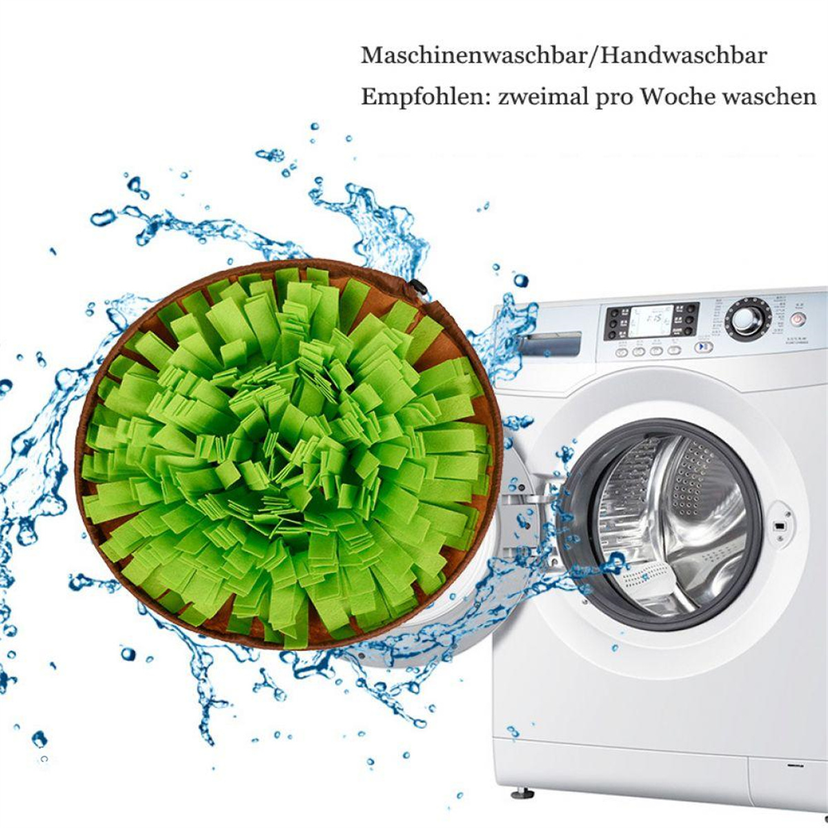 Grüne Hunde-Trainingsmatte mit Wasserspritzern neben einer Waschmaschine, waschbar.