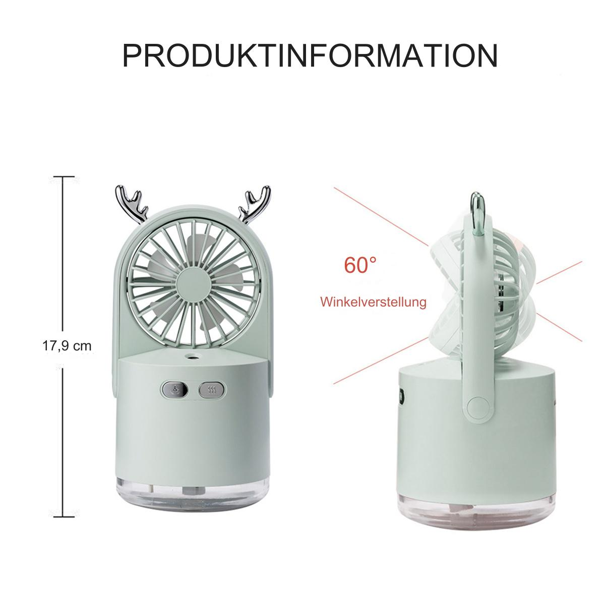 Minzgrüner tragbarer Ventilator mit hirschförmigen Ohren und Maßen.