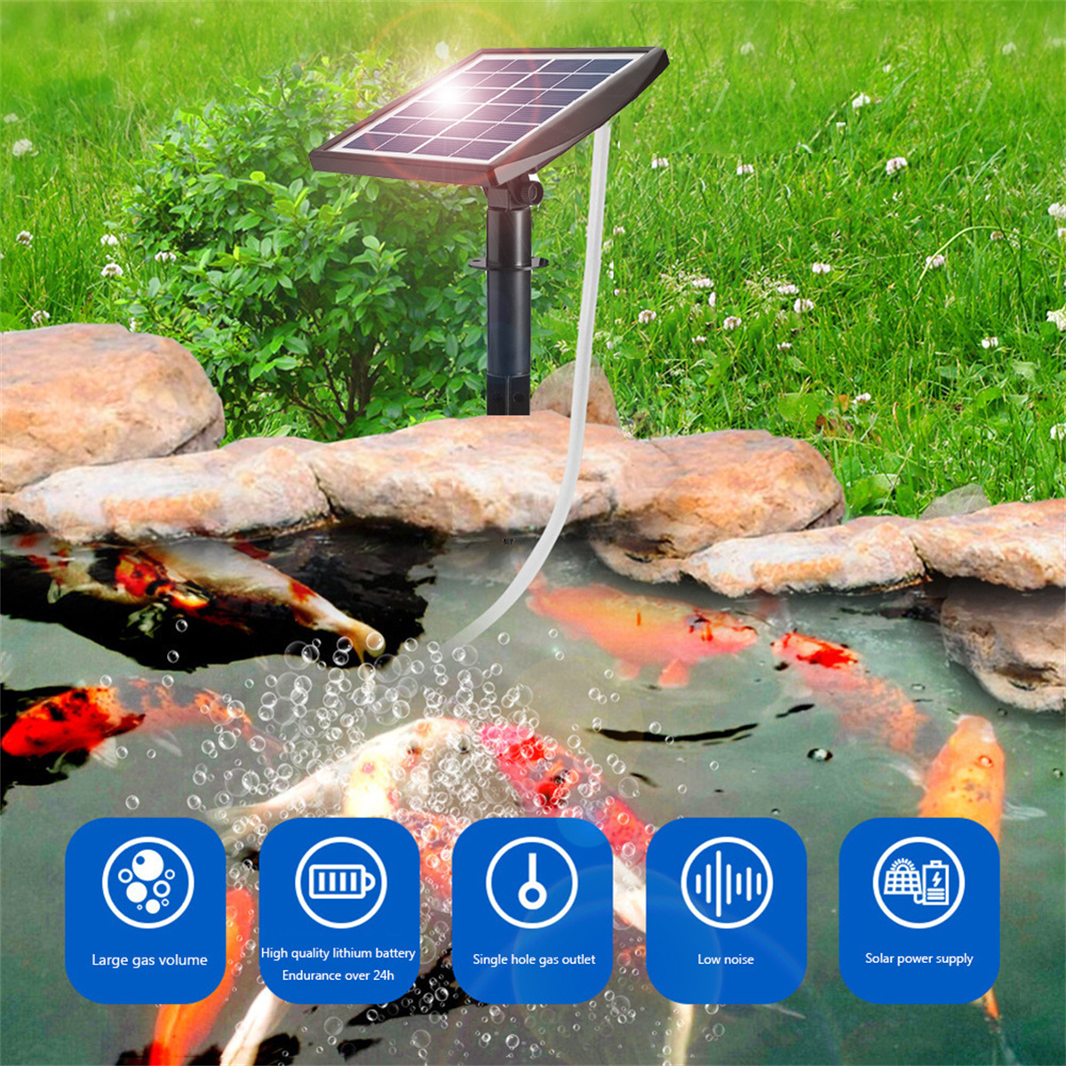 Teich mit Koi, solarbetriebener Brunnen. Symbole: großes Volumen, Batterie, Einzelanschluss, geringe Geräusche, Solarstrom.