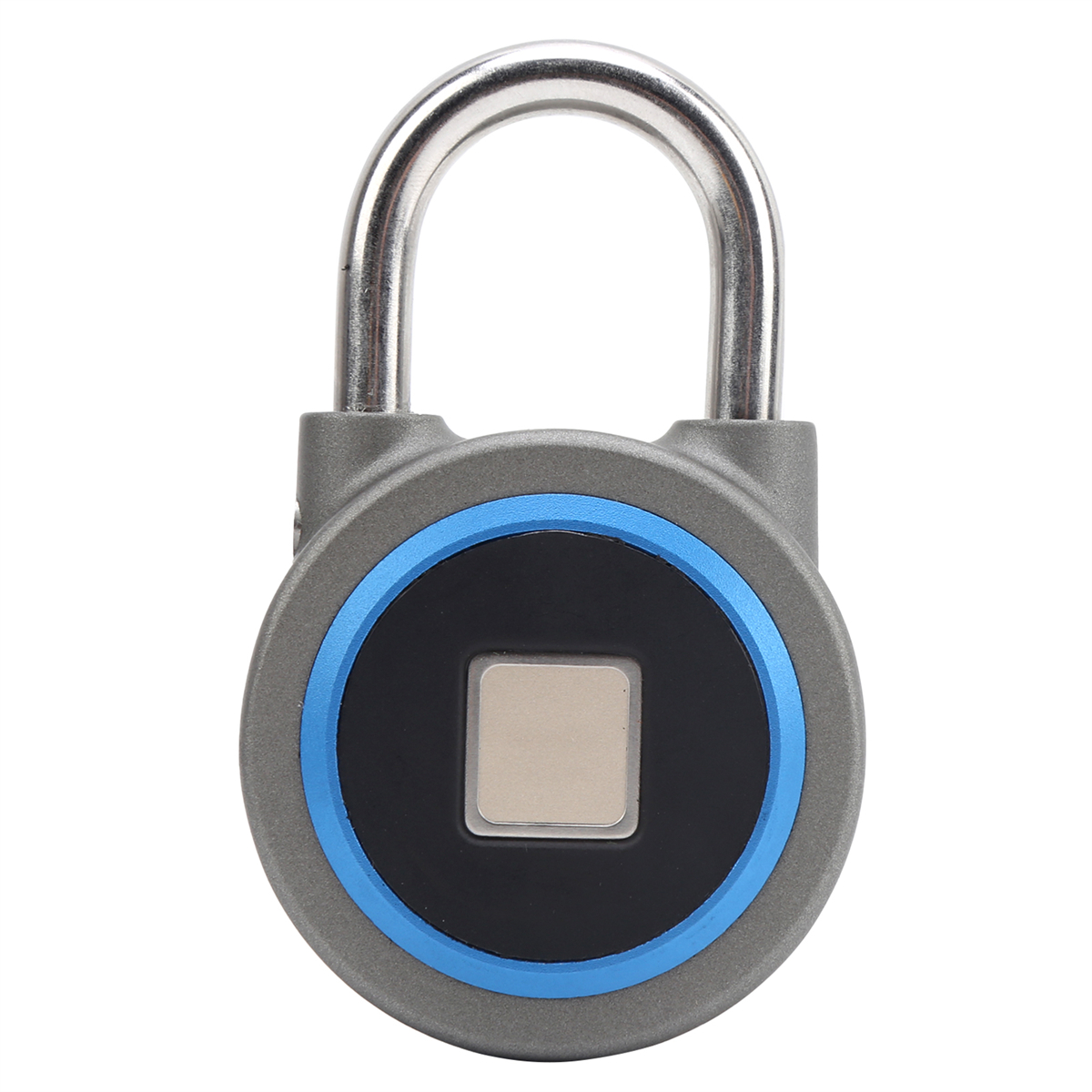 Silbernes Vorhängeschloss mit Fingerabdrucksensor, umgeben von einem blauen Ring, auf weißem Hintergrund.