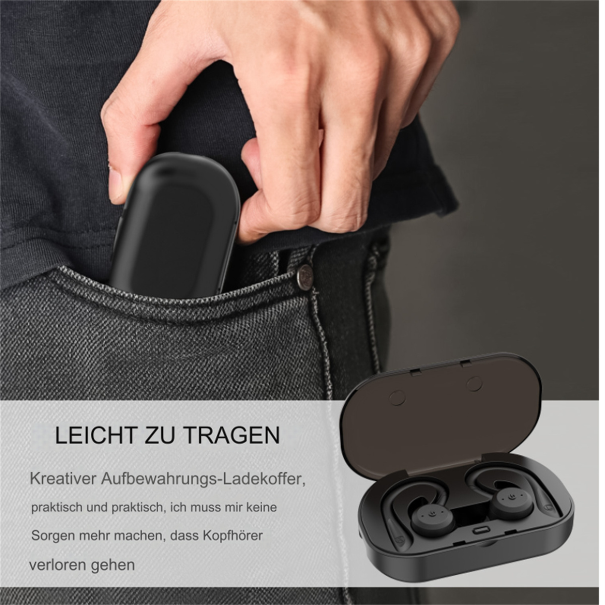 Eine Hand steckt schwarze Ohrhörer in eine Tasche. Ohrhörer sind in schwarzem Etui.