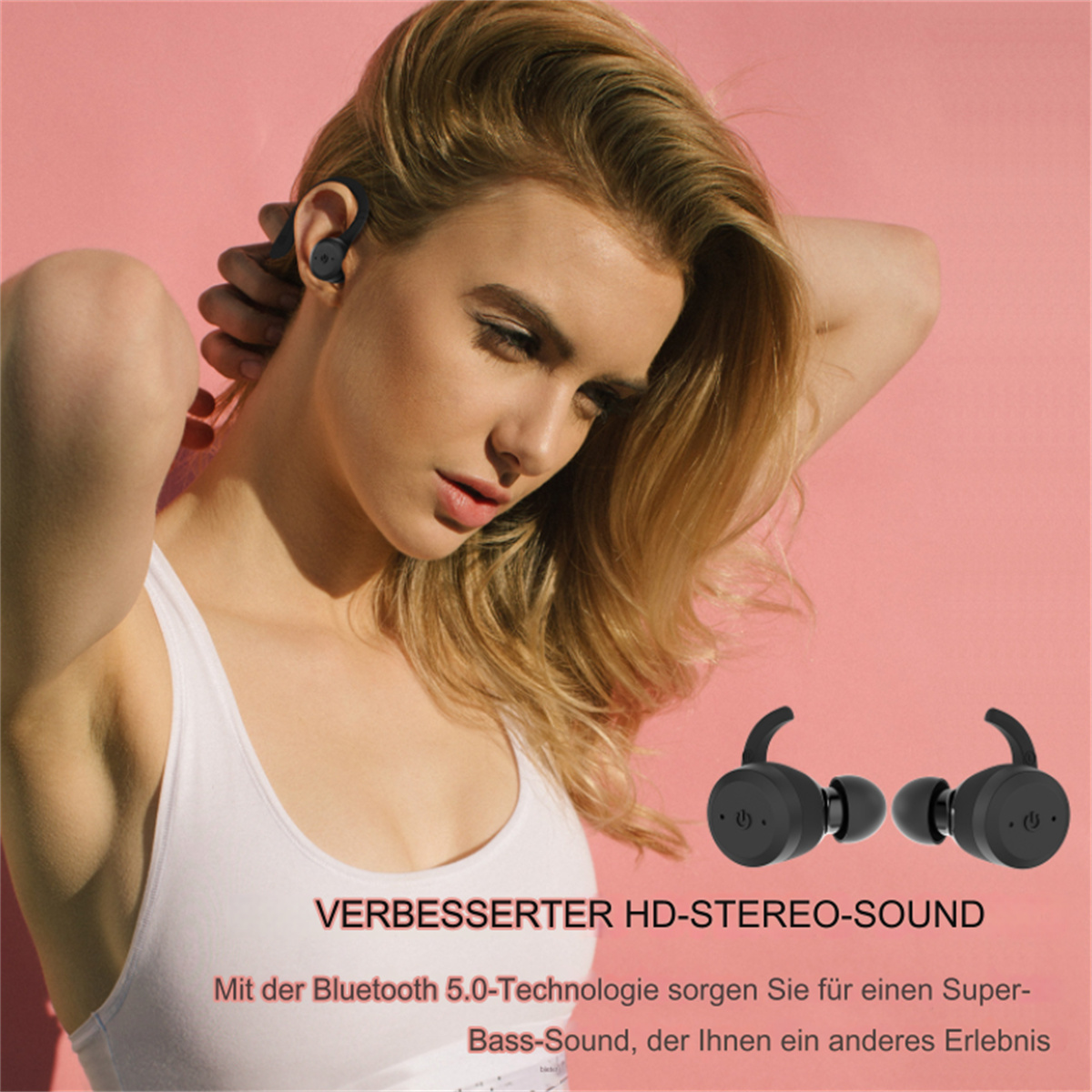 Eine Frau trägt Ohrhörer. Text sagt HD-Stereo-Sound und Bluetooth 5.0.