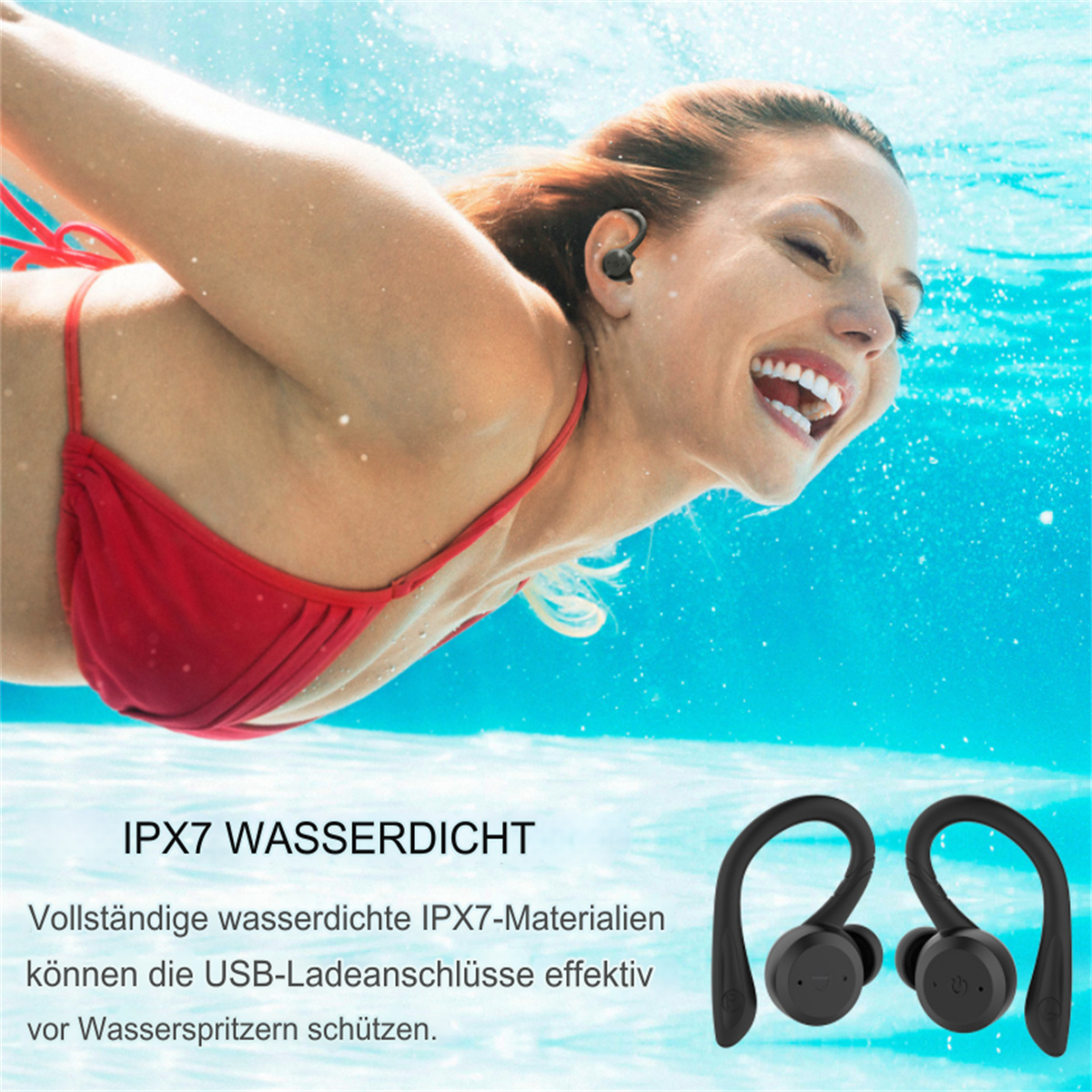 Frau unter Wasser mit Kopfhörern, Text: IPX7 WASSERDICHT.