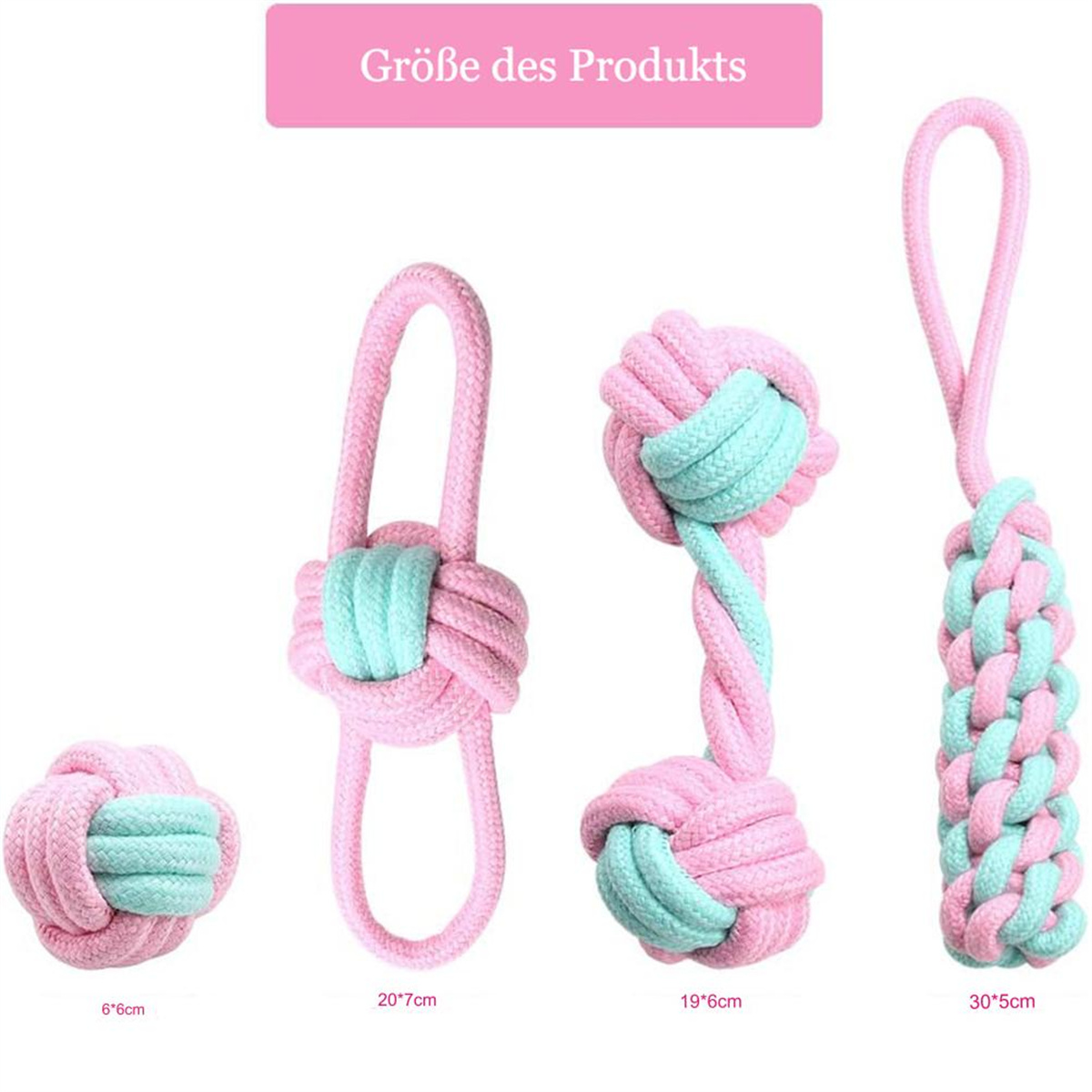 Vier rosa und teal Hundespielzeuge in verschiedenen Formen. Text: Größe des Produkts.