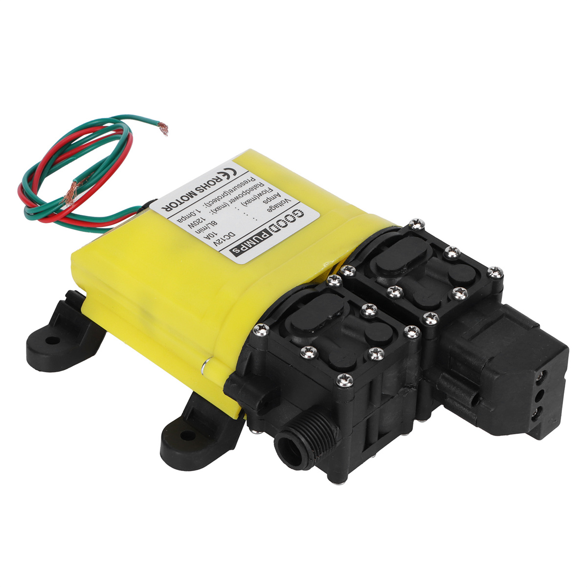 Gelb-schwarze Pumpe mit Drähten, Text GOOD PUMPS, Details zum Produkt.