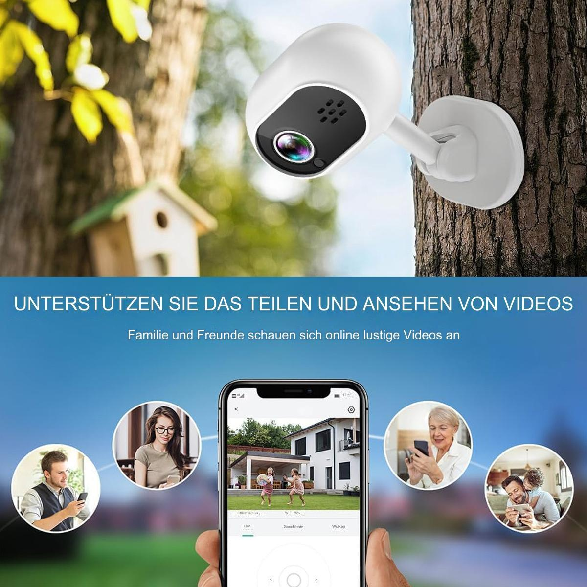 Eine weiße Überwachungskamera an einem Baum, mit Telefon, das Videofreigabe mit Familie zeigt.