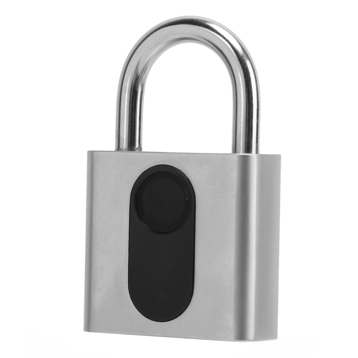 Silbernes Vorhängeschloss mit schwarzem Mittelteil. Fingerabdrucksensor. Isoliert auf weißem Hintergrund.