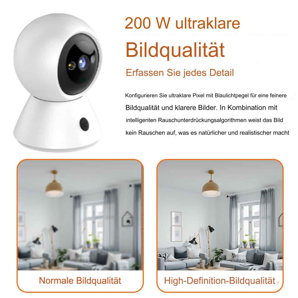 Weiße Überwachungskamera. Text: 200W ultraklare Bildqualität. Zwei Bilder zeigen normal vs. High Definition.