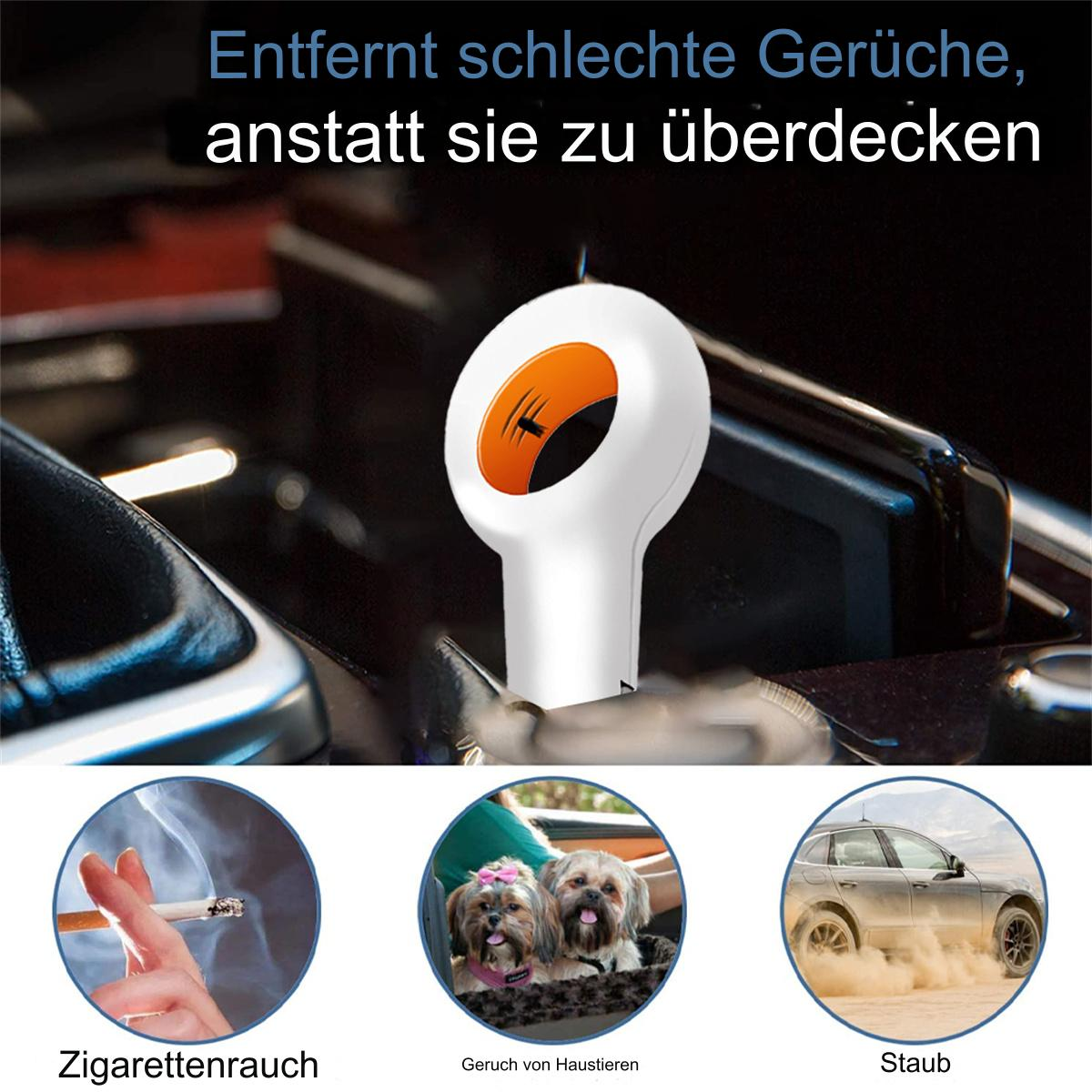 Weiß-oranger Lufterfrischer im Auto, mit Bildern von Rauch, Haustieren und Staub.