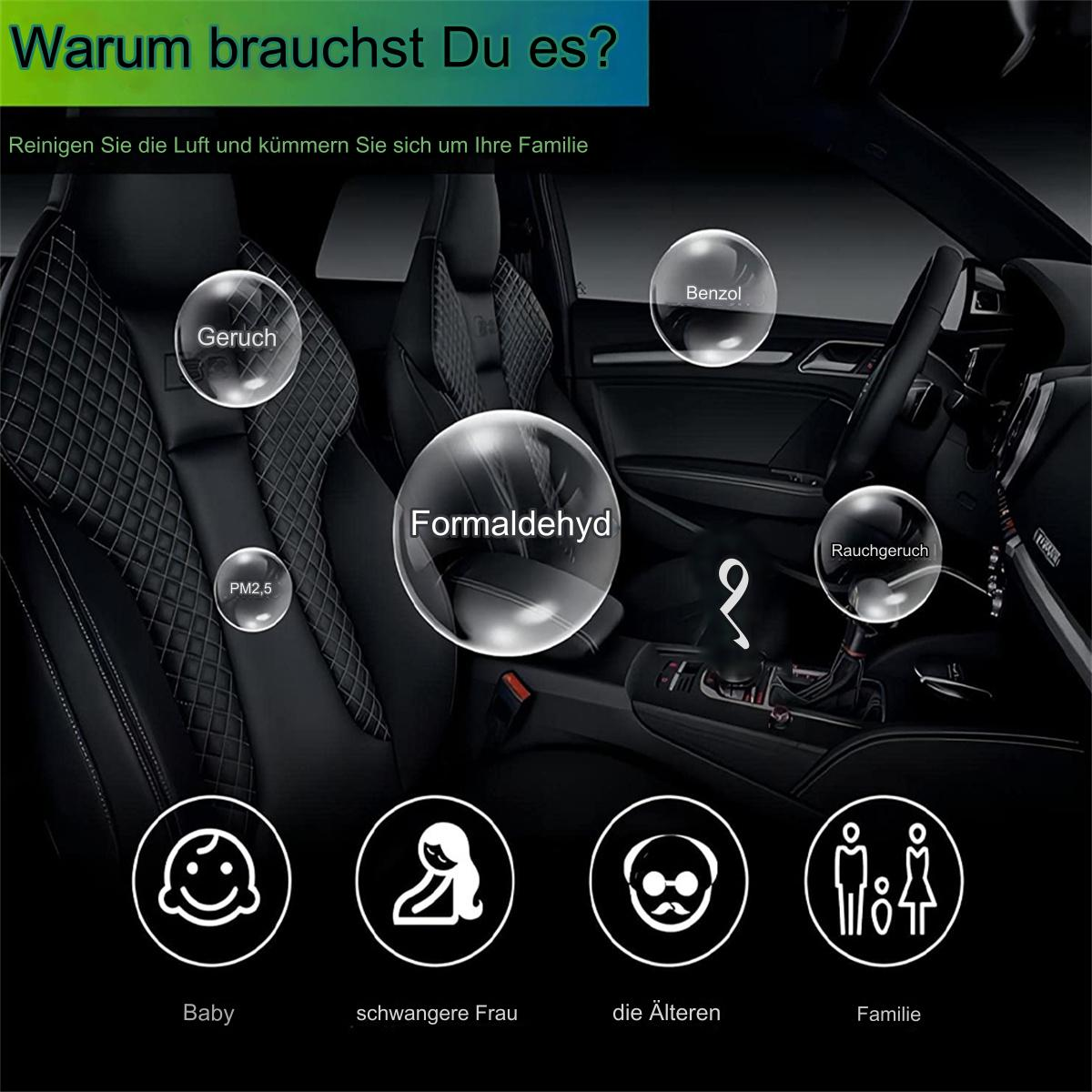 Auto-Innenraum mit Blasen, die Luftqualitätsprobleme anzeigen: Geruch, Formaldehyd etc. Text auf Deutsch.