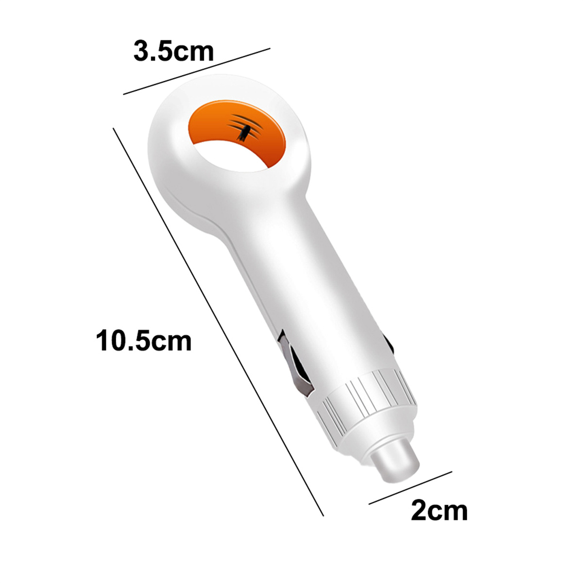 Weißes Autoladegerät mit orangefarbenem Ring und Abmessungen von 10,5 cm lang, 3,5 cm breit und 2 cm Spitze.