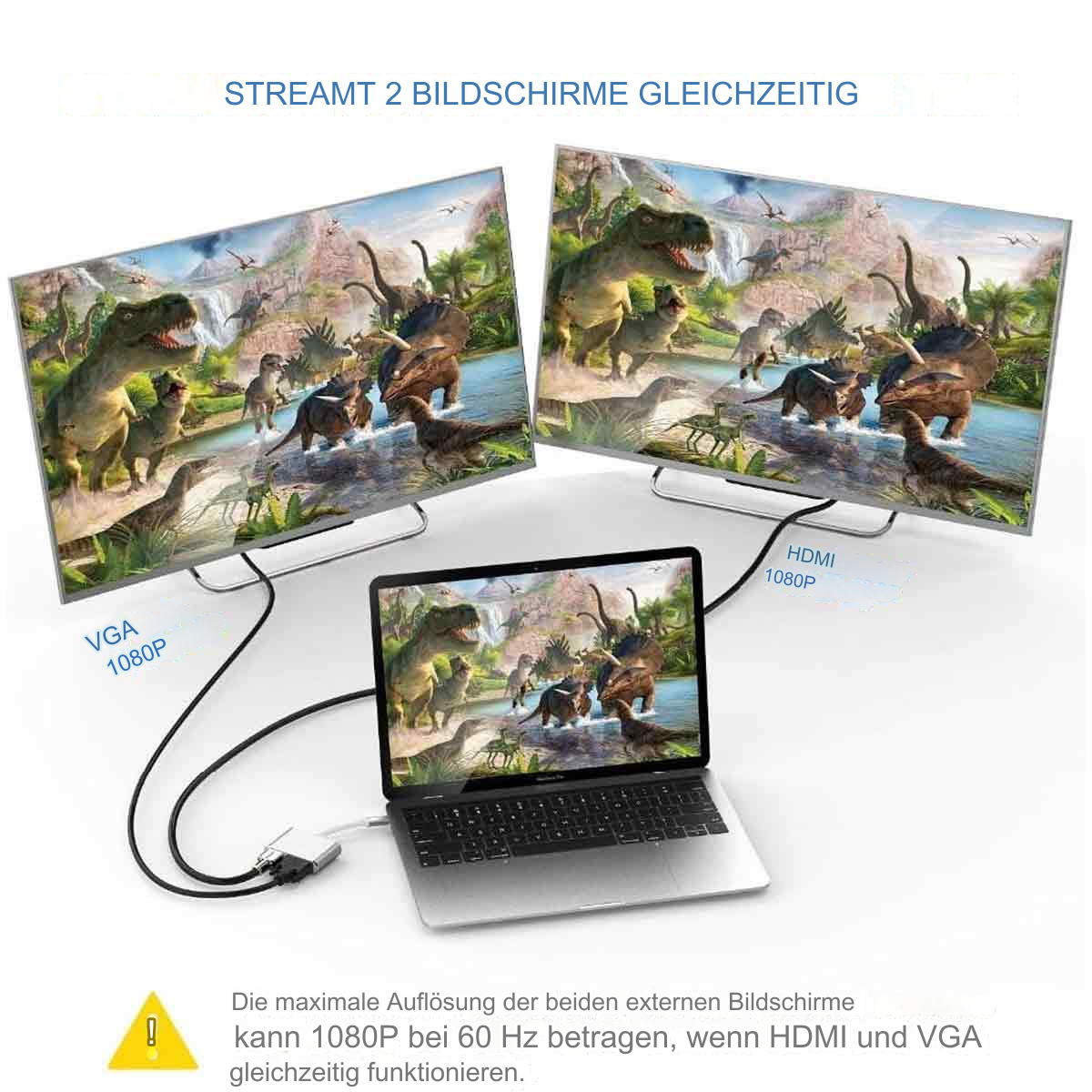 Zwei Monitore zeigen eine Dinosaurierszene, verbunden mit einem Laptop über Kabel. Text: 'HDMI' und 'VGA'.