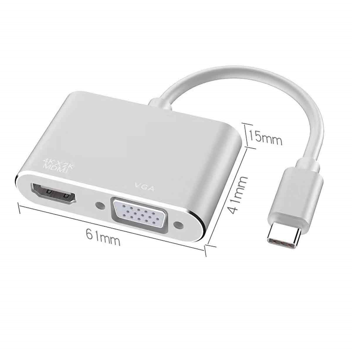 Silberner Adapter mit HDMI-, VGA- und USB-C-Anschlüssen. Abmessungen sind angegeben.
