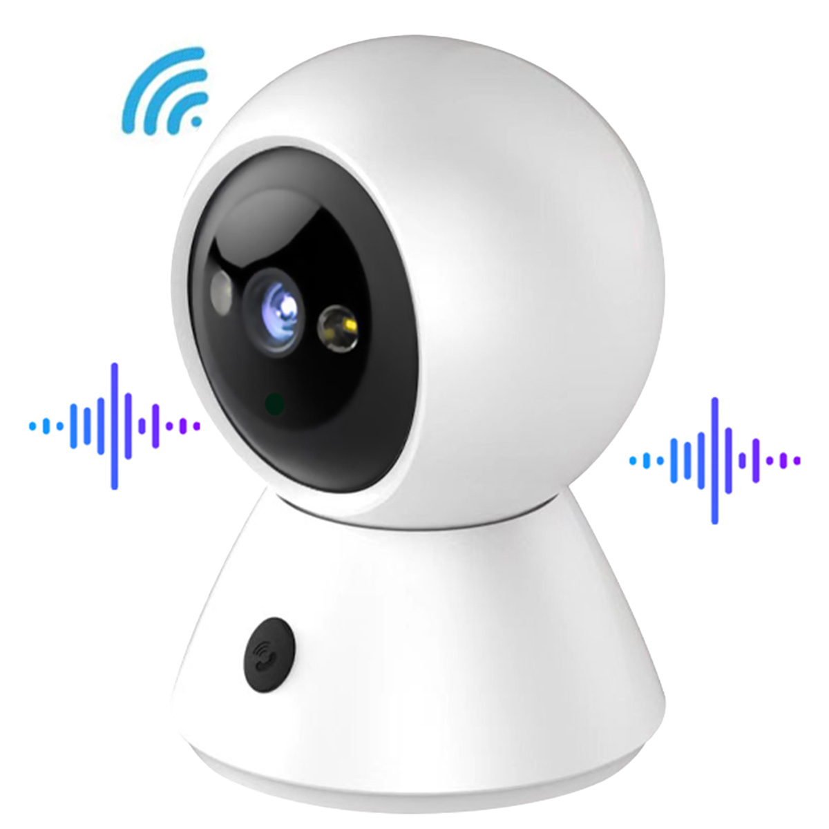 Weiße Smart-Kamera mit schwarzem Objektiv und Sockel. Zeigt Wi-Fi-Symbol und Audio-Wellen.