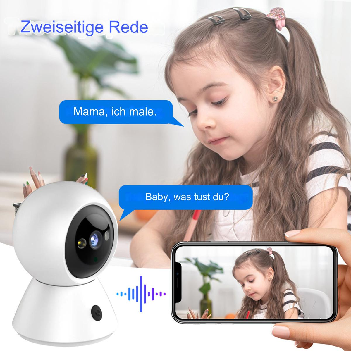 Weiße Kamera, die ein zeichnendes Mädchen überwacht, mit einem Telefonbildschirm, der die gleiche Aktivität zeigt.