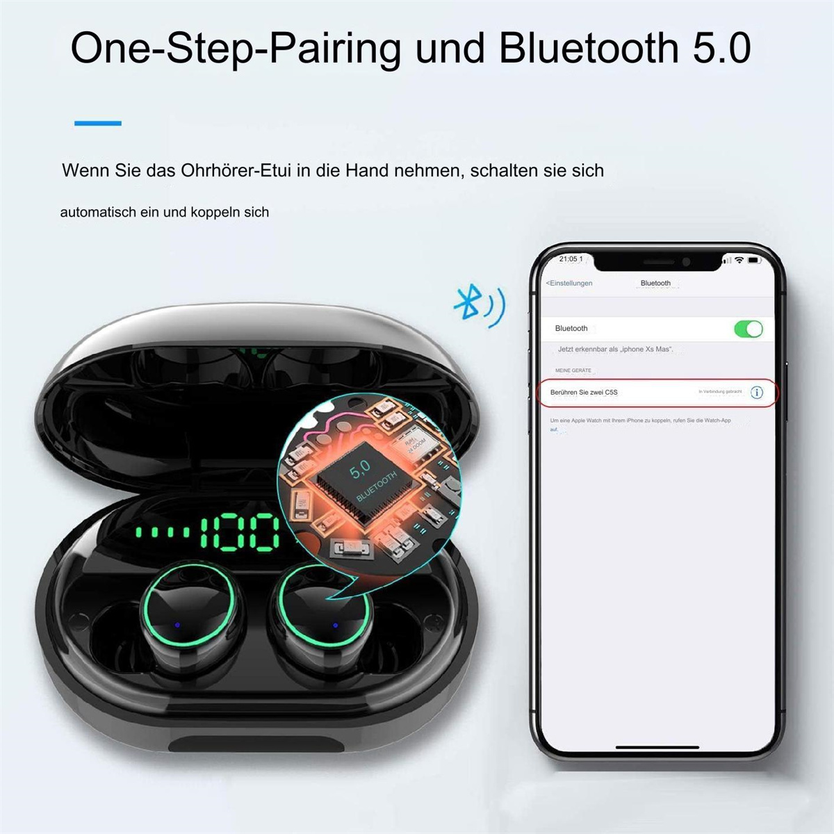 Ohrhörer in einem Ladeetui neben einem Telefon, das einen Bluetooth-Pairing-Bildschirm anzeigt.