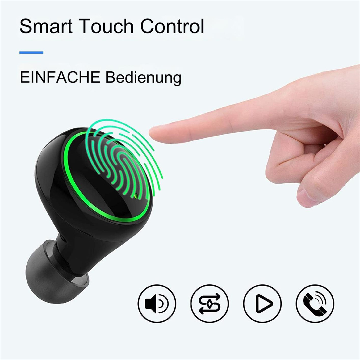 Eine Hand berührt einen schwarzen Ohrhörer. Der Ohrhörer zeigt einen grünen Fingerabdruck. Icon-Symbole sind unten.