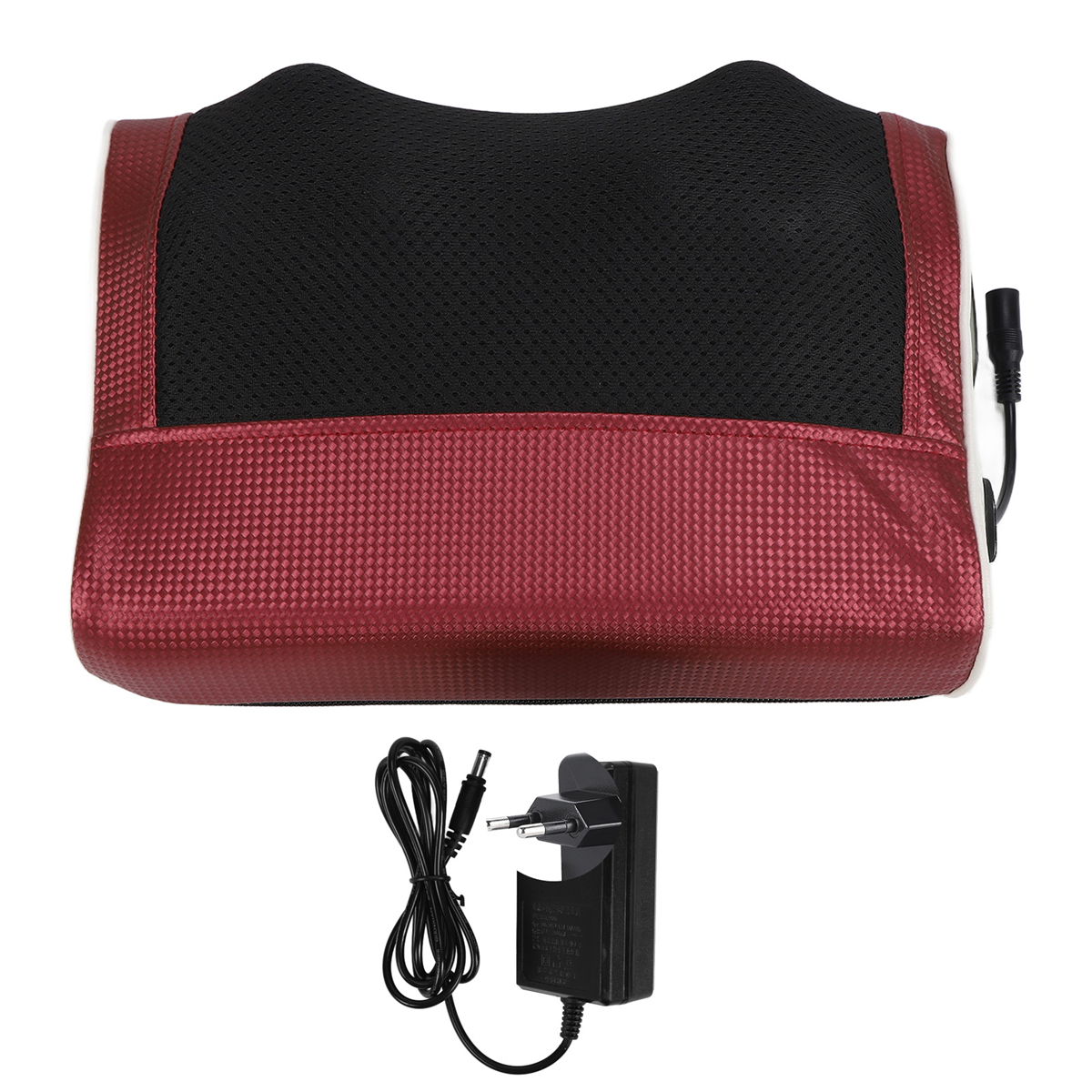 Roter und schwarzer Nackenmassagegerät mit Netzteil und Kabel.