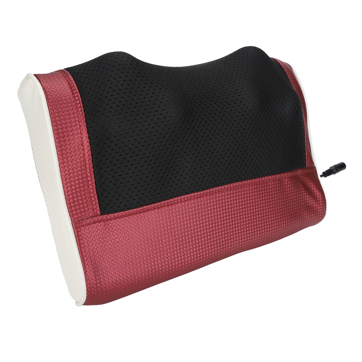 Ein rotes und schwarzes Massagekissen mit einem Netzmittelteil und einem kleinen schwarzen Netzkabel.