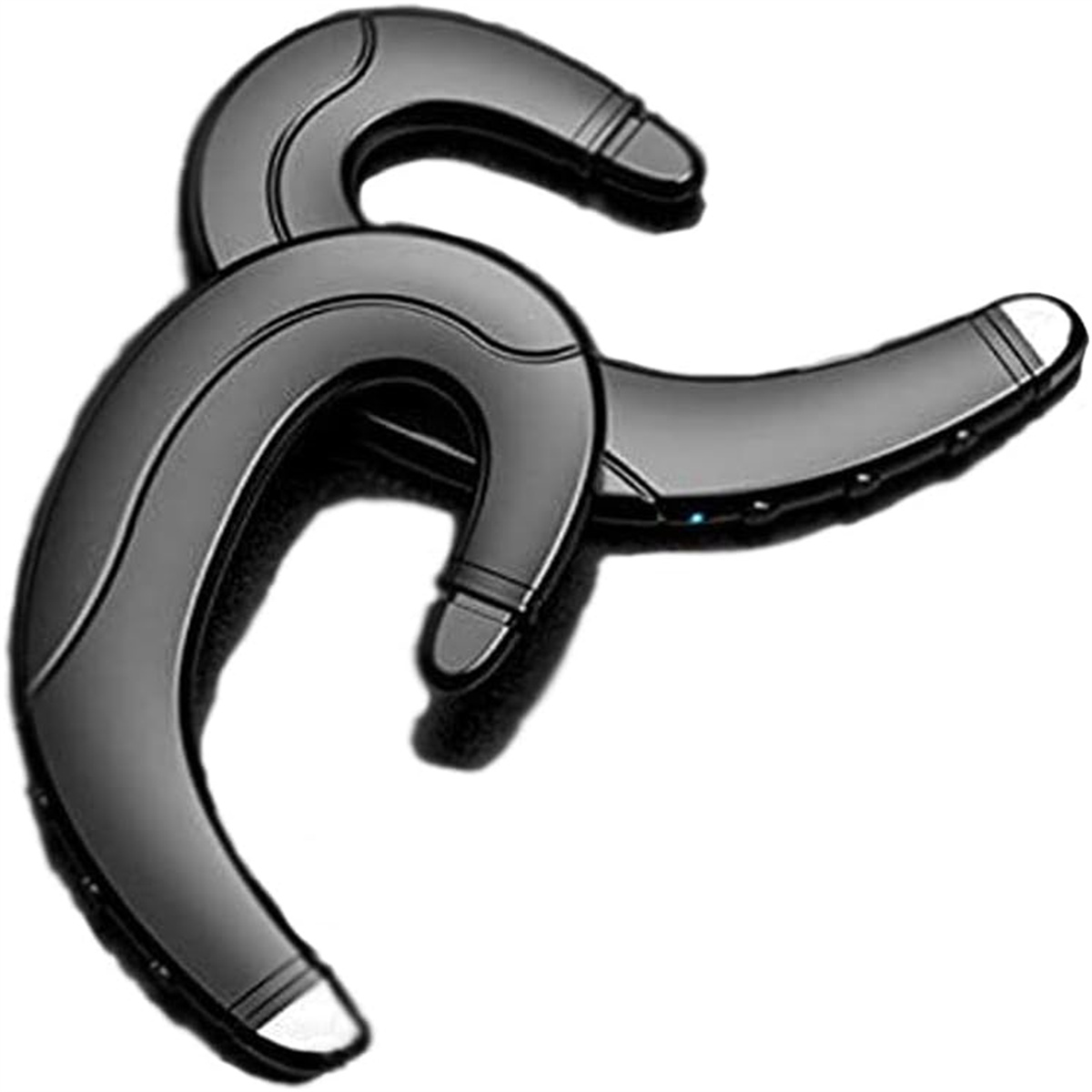 Zwei schwarze, gebogene Bluetooth-Headsets auf weißem Hintergrund. Sie sind nah beieinander und abgewinkelt.