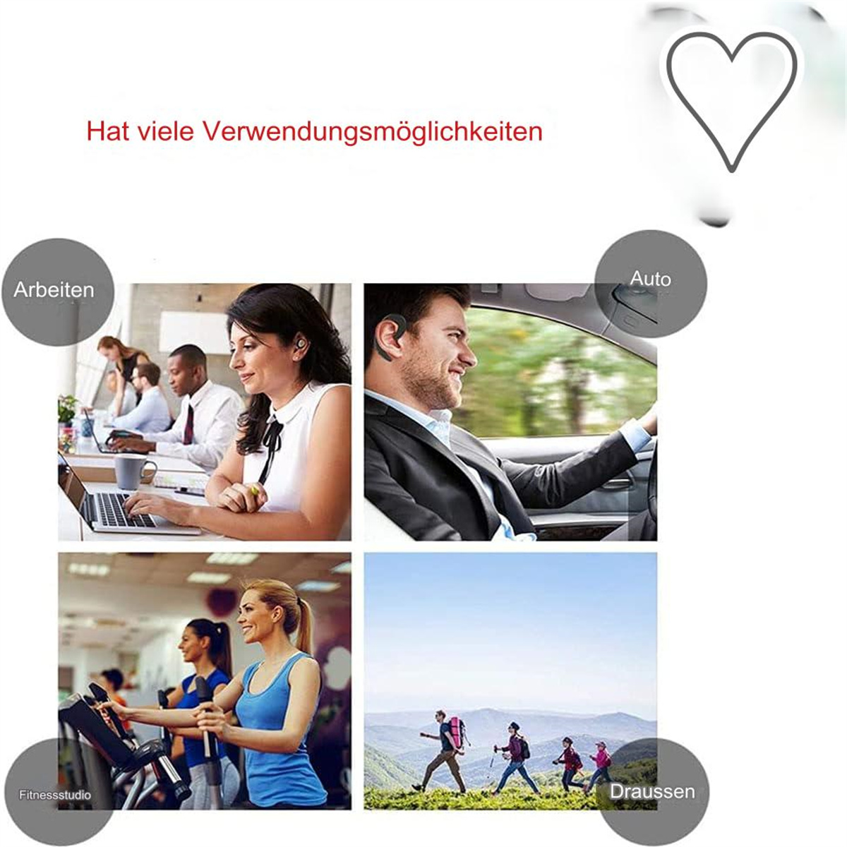 Vier Bilder, die verschiedene Verwendungen eines Audiogeräts zeigen: Arbeit, Auto, Fitnessstudio, draußen.