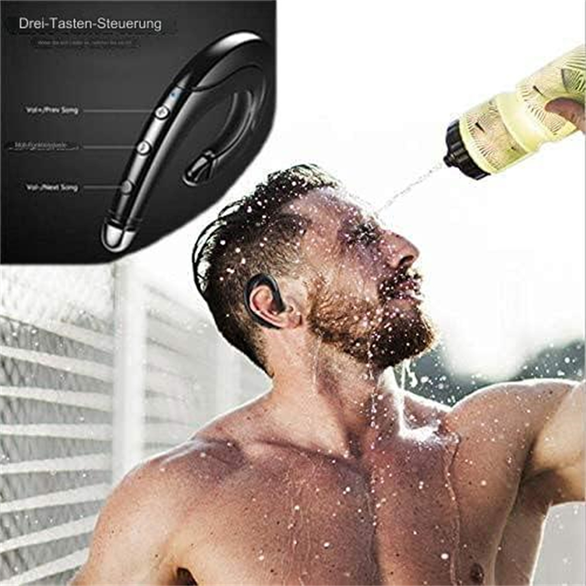 Mann wird mit Wasser bespritzt. Bluetooth-Headset in der Ecke.