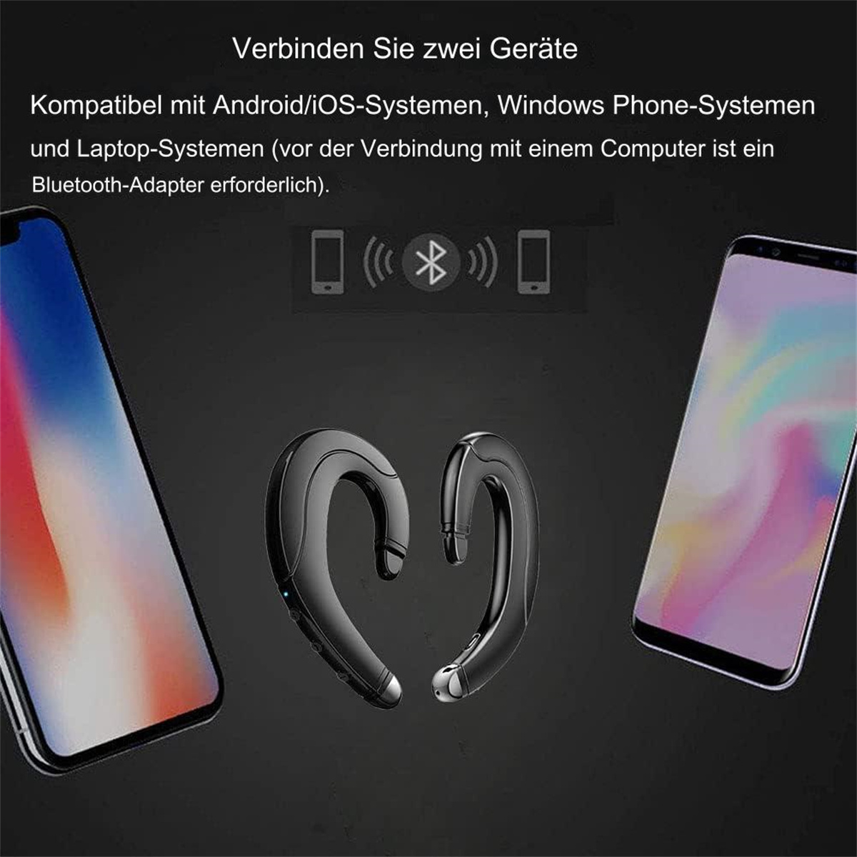 Zwei schwarze Bluetooth-Headsets in der Nähe von zwei Smartphones mit Symbolen, die Verbindungssymbole zeigen.
