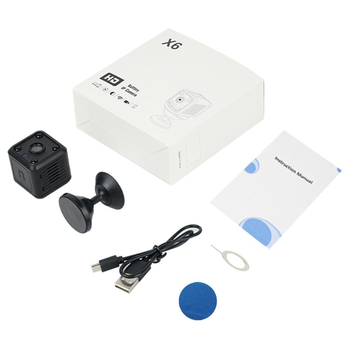 Kamera-Kit mit Kamera, Halterung, Box, Handbuch, USB-Kabel und anderem Zubehör.